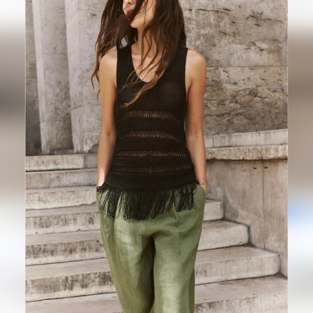 ZARA Open Weave Fringed Black Boho Sleeveless Knit Top NWT